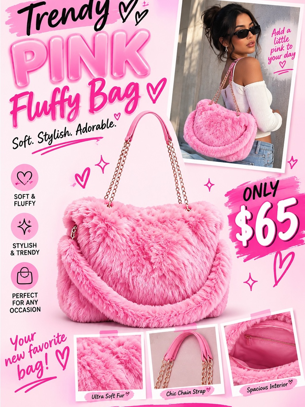 Limited !!Pink Faux Fur Shoulder Bag with Chain Strap smoke free home